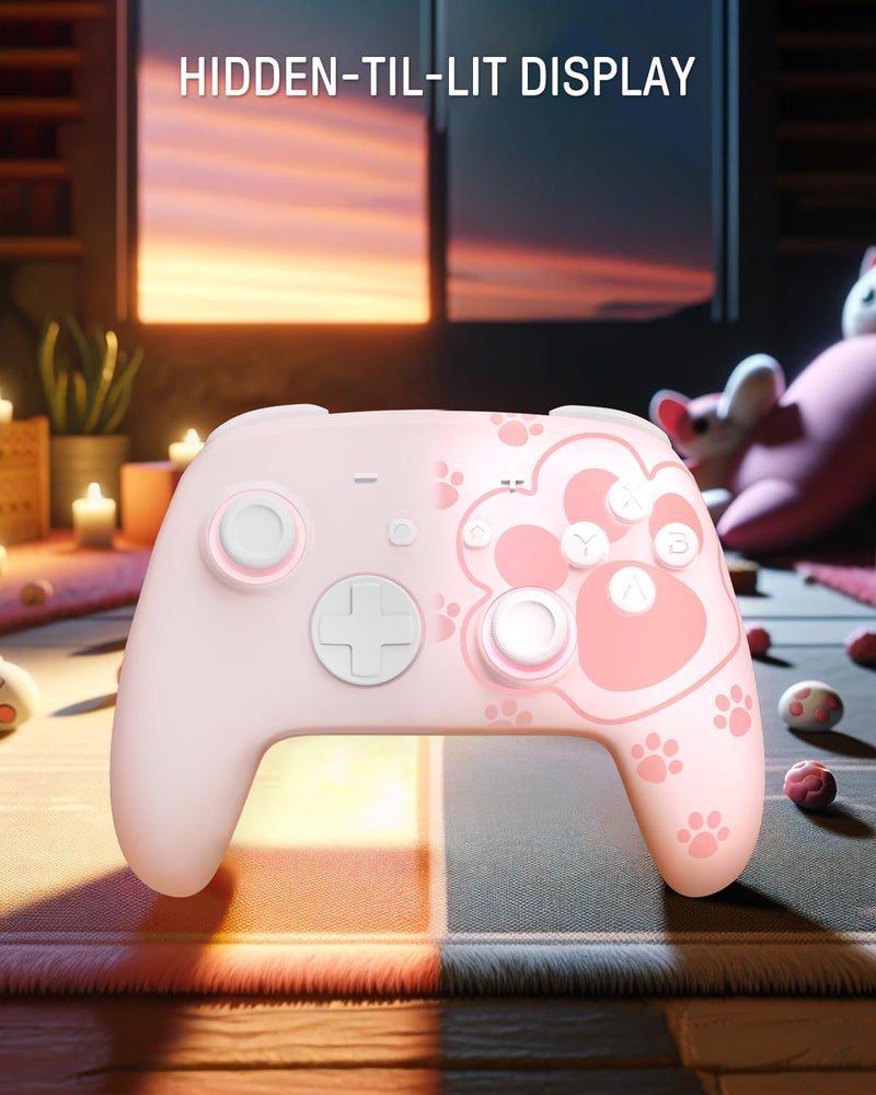 FUNLAB Cute Switch Pro Controller Wireless Compatible with Nintendo Switch 2/OLED/Lite, Grily Hall Effect Controller, Firefly Bluetooth Remote Gamepad Pink with 7 LED Colors/Paddle/Turbo- Cat Paw Pattern - Image 4